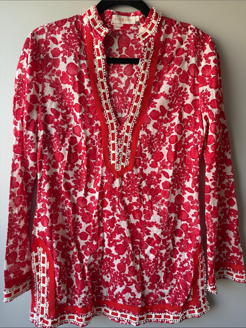 Tory Burch Red and White Floral V-Neck Tunic lightweight all cotton size 4